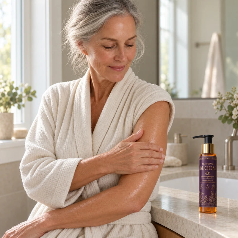 Woman applying BLOOM to her upper arm after showering