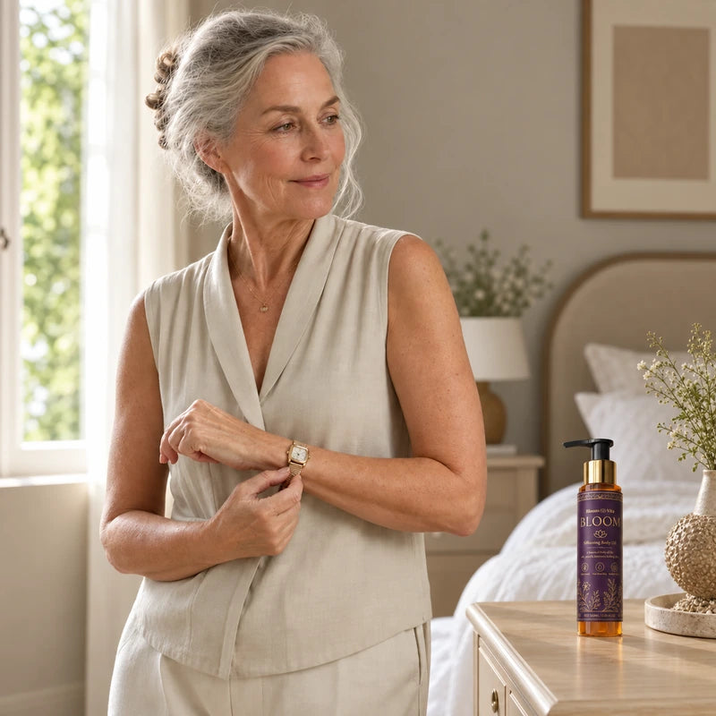 Woman wearing a sleeveless top with BLOOM Body Silkening Oil nearby