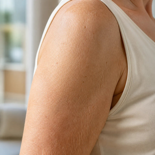 Close detail of dry, crepey-looking upper-arm skin