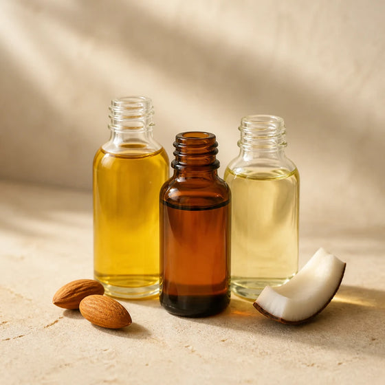 Coconut, almond and argan oils in plain glass bottles