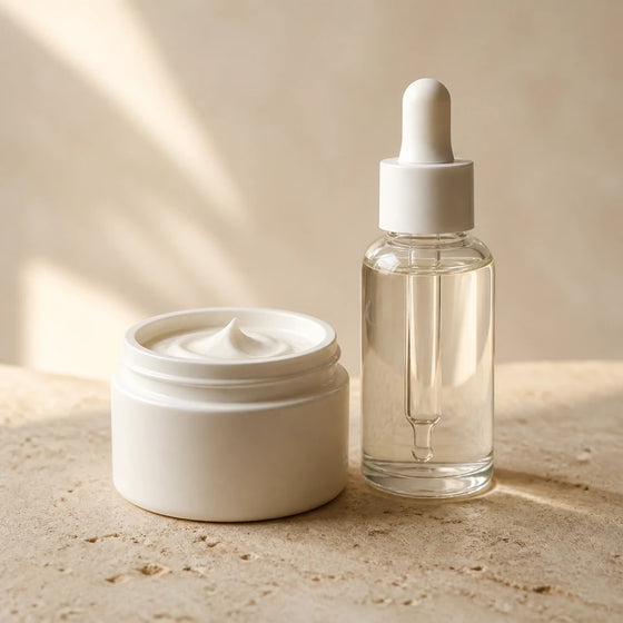 Open jar of white cream with a serum dropper